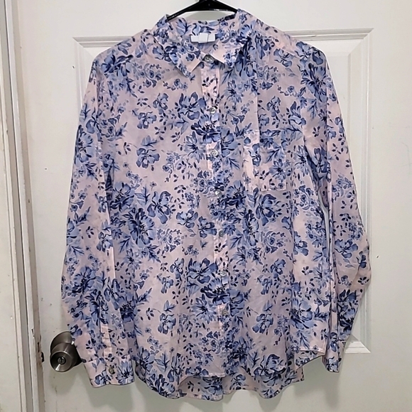 J.JILL WOMEN'S  BLUE FLORAL BUTTON DOWN LONG SLEEVE SHIRT  ONE POCKET SZ S - Picture 1 of 7